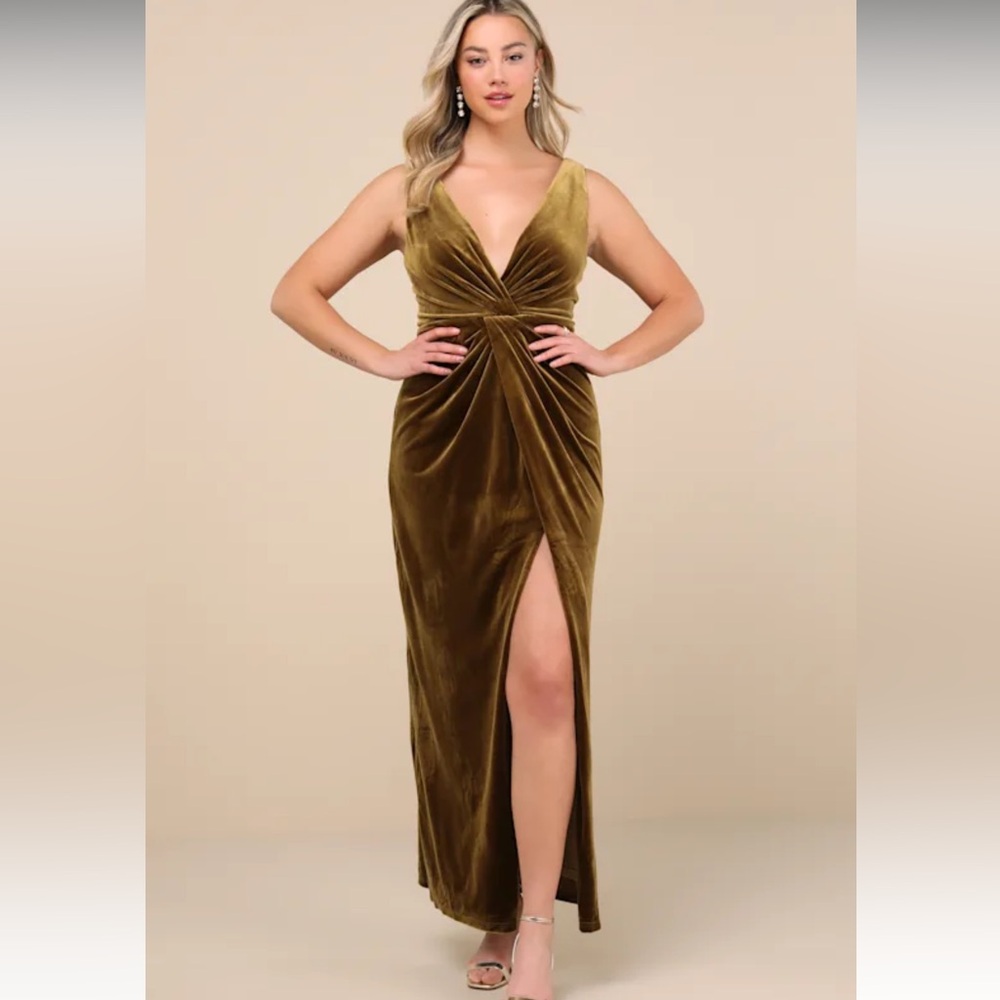 Beautiful Evenings Olive Green Velvet Twist-Front Maxi Dress